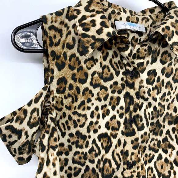 WAYF Top Brown Black Leopard Print Button Blouse Cold Shoulder - Picture 6 of 12